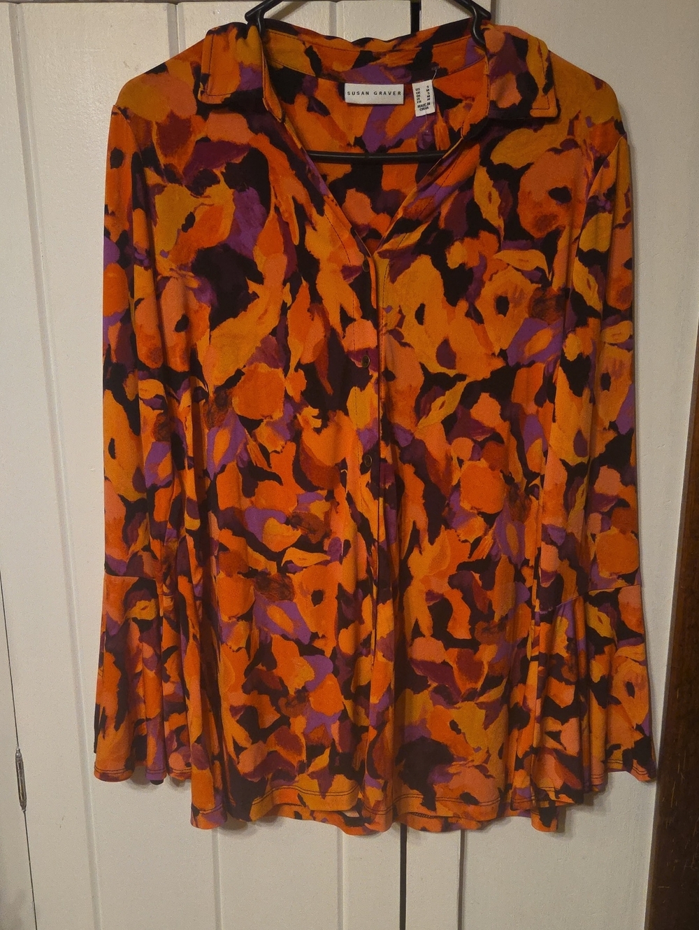 Susan Graver Vibrant Orange Floral-Print Blouse with Purple & Black Accents